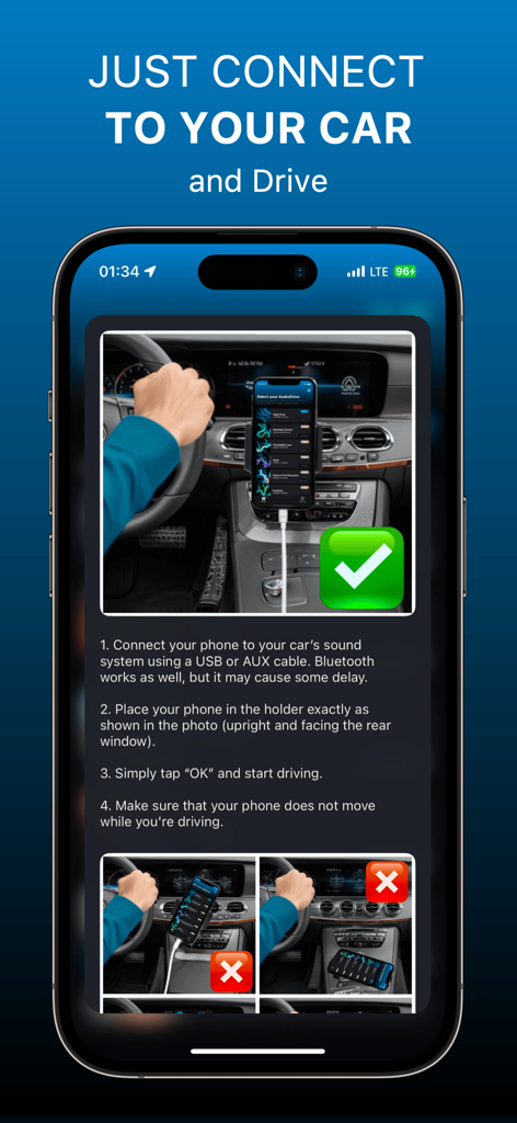 AudioDrive: Drive & Make Music - Instrucciones paso a paso para conectar un iPhone a un coche y colocarlo en un soporte para teléfono para usar la aplicación AudioDrive.