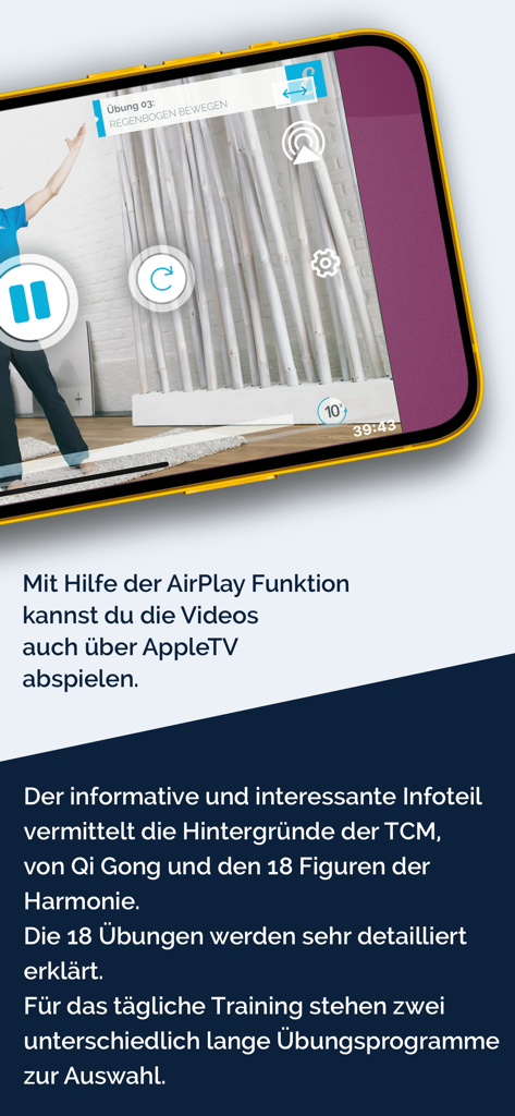 Smartphone mostrando un tutorial en video de Qi Gong con soporte AirPlay e información de fondo de la MTC