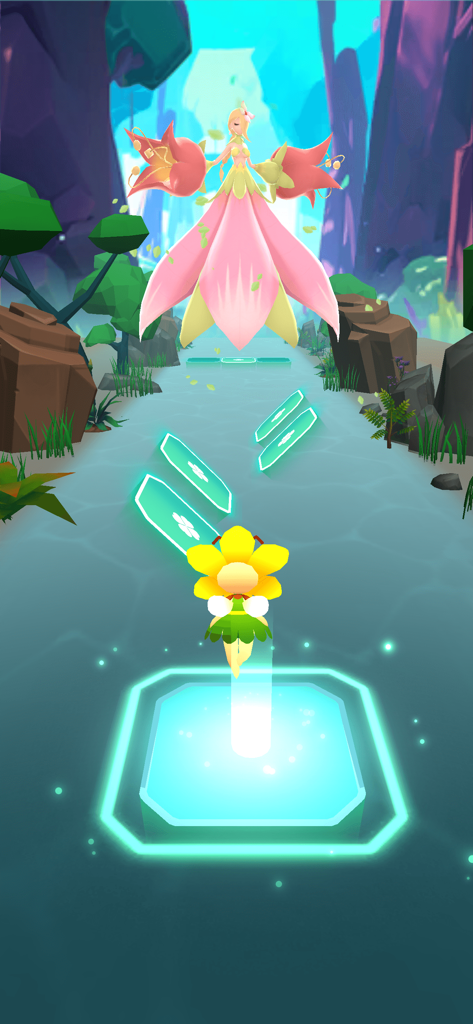 Dream Bounce - A flower character flying over glowing tiles in a vibrant 3D forest setting.