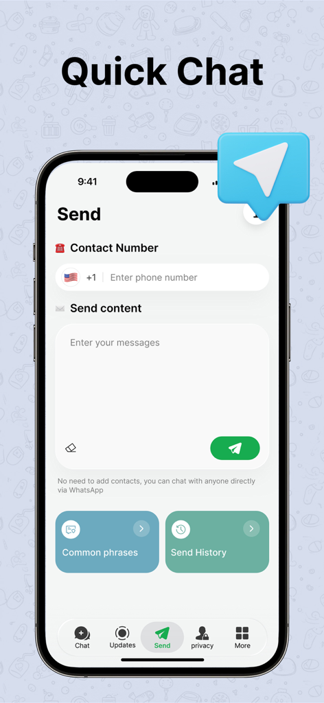 Dual Web Chat WAPP - Pantalla de mensaje directo en la aplicación Dual Web Chat mostrando un campo de entrada de número de teléfono y un cuadro de mensaje para enviar texto sin guardar contactos.