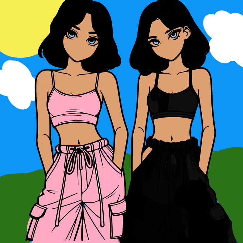 two girls with crop top with baggy pants