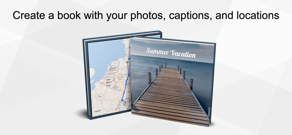 Physical travel photo books showcasing maps and vacation photos created from the TrackMyTour app