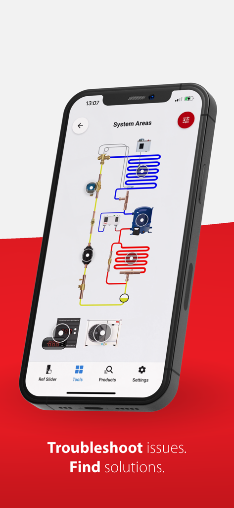 Ref Tools app interface showing a refrigeration system diagram for diagnosing and troubleshooting issues.