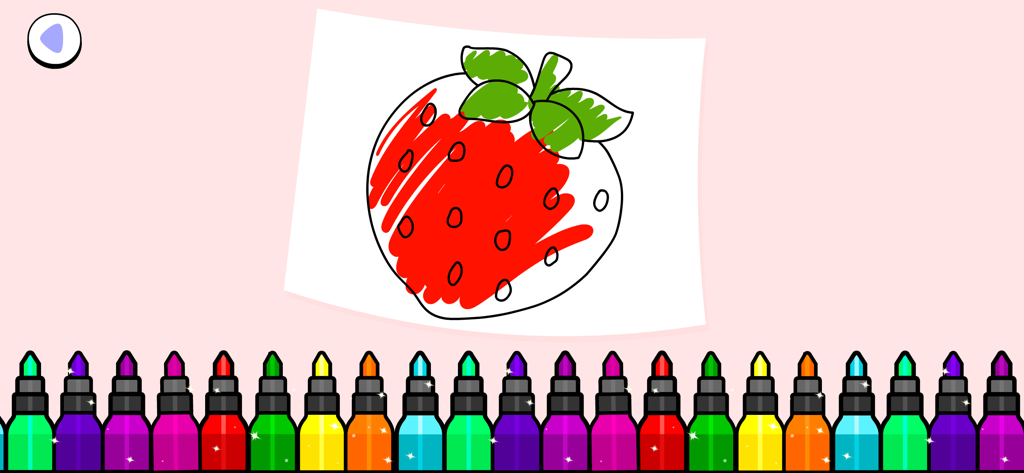 A strawberry being colored with red and green markers in a kids drawing app