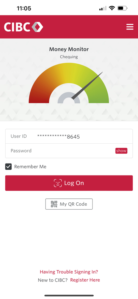 CIBC Caribbean Mobile - Login screen of the CIBC Caribbean Mobile app showing the Money Monitor gauge and biometric log on option.