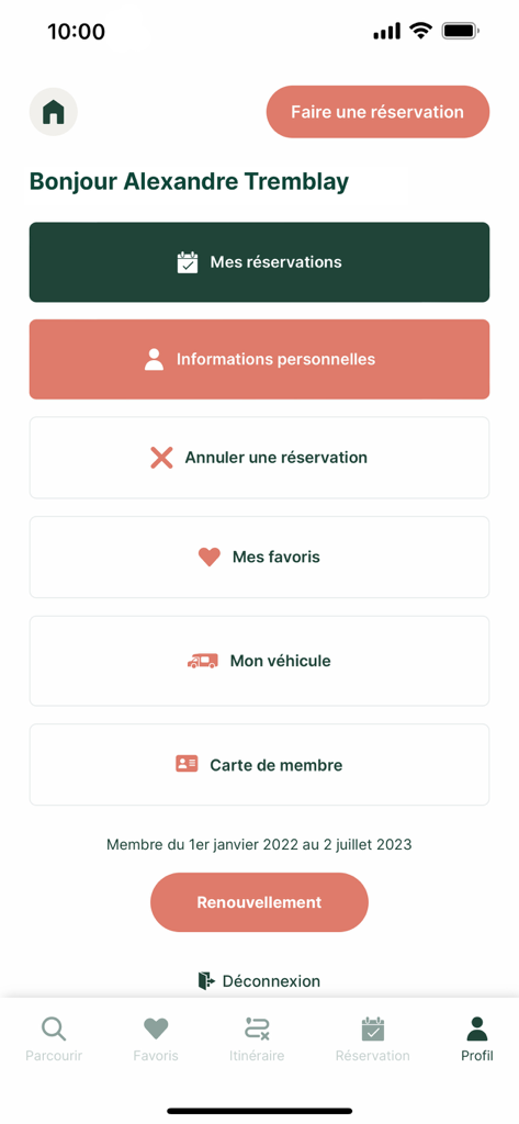 Terego - User profile dashboard of the Terego RV app showing reservation management, membership details, and vehicle information.