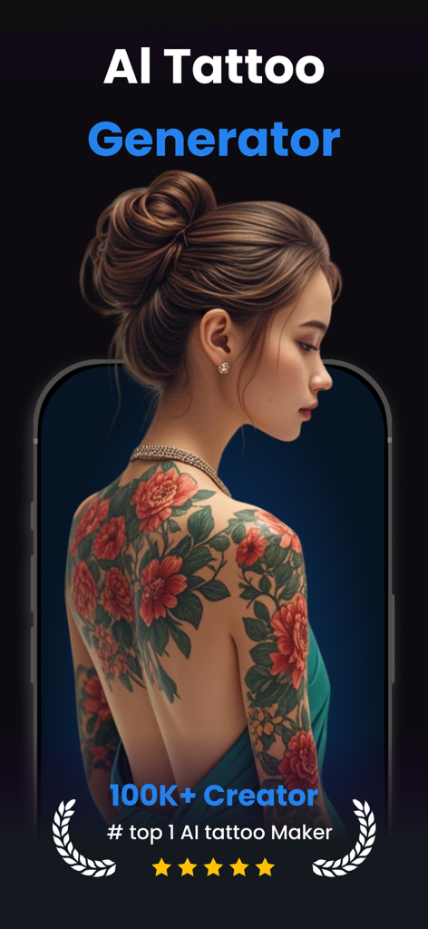 AI Tattoo Design - Name Tattoo - AI Tattoo Generator app screen showing a woman with a floral back tattoo design