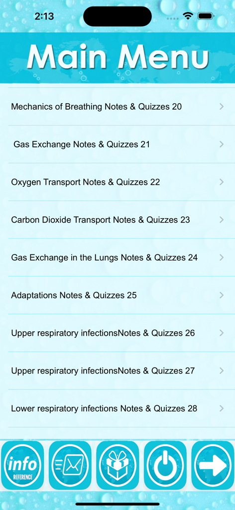 Menu principal do aplicativo de perguntas e respostas de enfermagem do sistema respiratório, com notas de estudo e testes para tópicos como troca gasosa e mecânica respiratória.