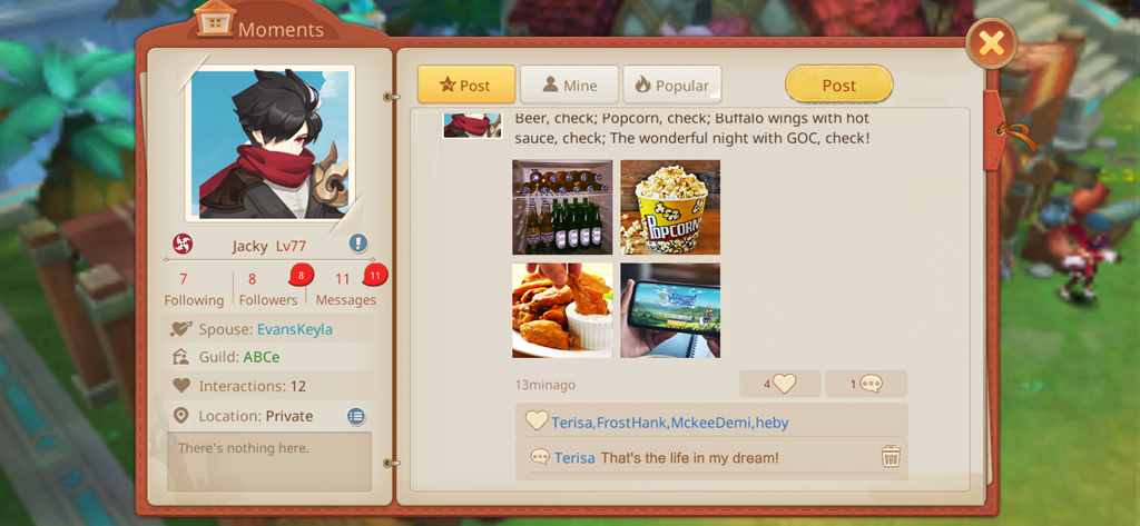 Guardians of Cloudia - Captura de pantalla del feed social Momentos en Guardians of Cloudia, mostrando el perfil de un jugador y una publicación compartida.