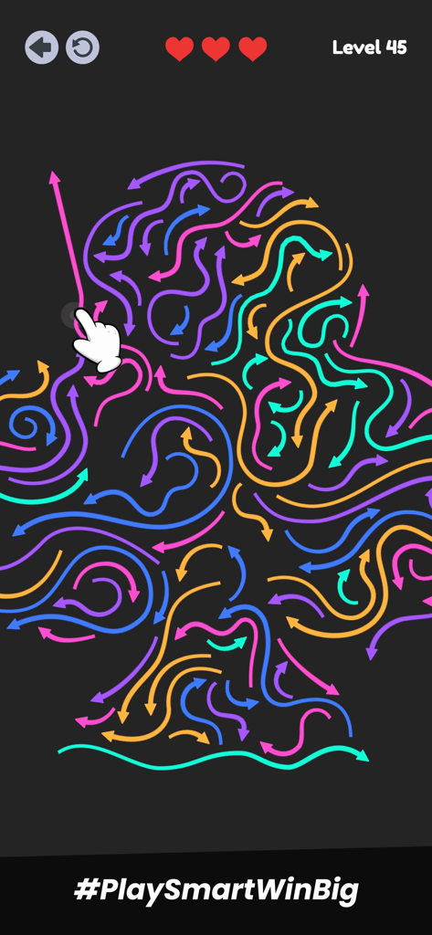 Arrow Flow: Tap Out Puzzle - Gameplay de Arrow Flow Tap Out Puzzle mostrando un icono de mano tocando flechas curvas de colores sobre un fondo oscuro.