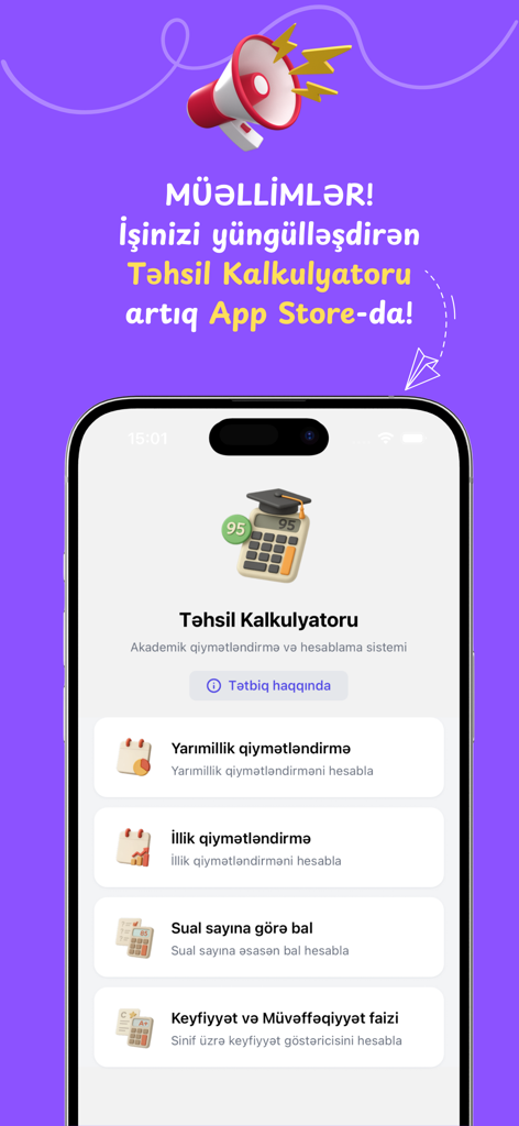 Təhsil Kalkulyatoru - 教師向けの採点と評価ツールを示すTahsil Kalkulyatoruアプリのインターフェース