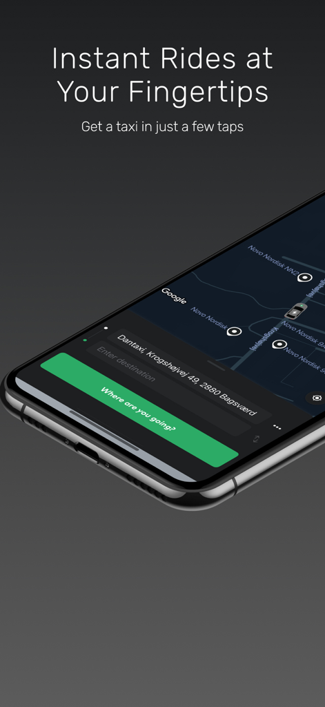 Smartphone displaying the Dantaxi taxi booking app interface with a map and search bar for instant rides.