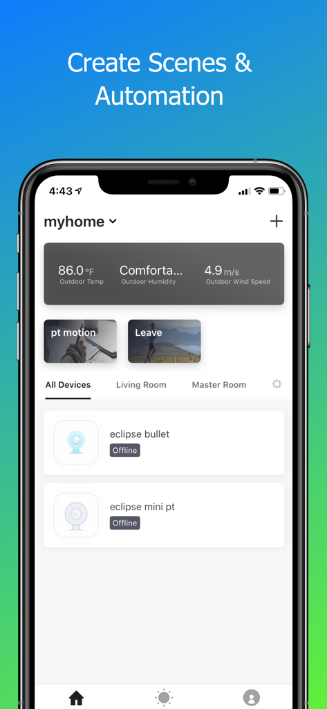 Eclipse Home 모바일 앱 대시보드, 스마트 홈 장면, 자동화 설정 및 연결된 장치 상태 표시