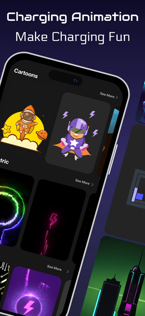 Interface de aplicativo móvel exibindo vários temas de animação de tela de carregamento de desenhos animados e neon.