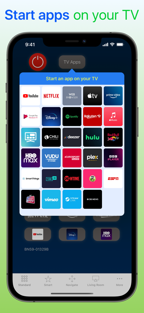 A smartphone screen showing the myTifi app with a grid of streaming service icons like Netflix and YouTube to launch on a Samsung TV