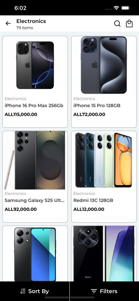 Tana: Everything. Everywhere - Tana app electronics category page featuring iPhone and Samsung smartphone listings.