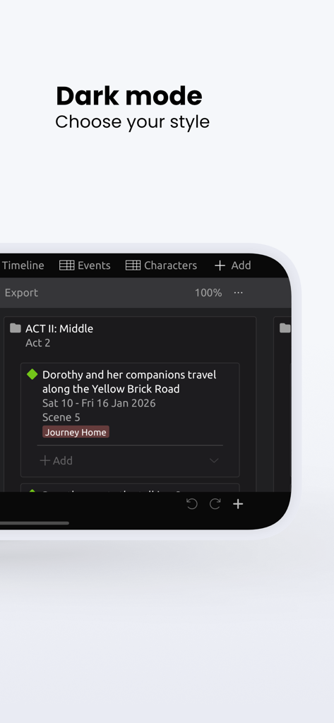 Aeon Timeline 3 - Interface de l'application Aeon Timeline 3 montrant un événement d'histoire en mode sombre