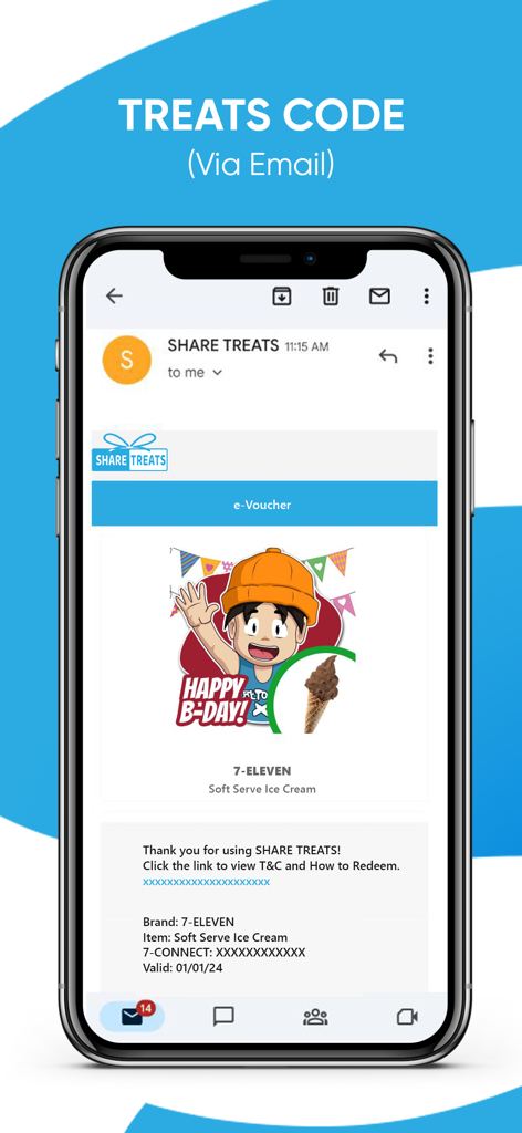 SHARE TREATS - Smartphone screen displaying a digital gift voucher for 7-Eleven ice cream received via email