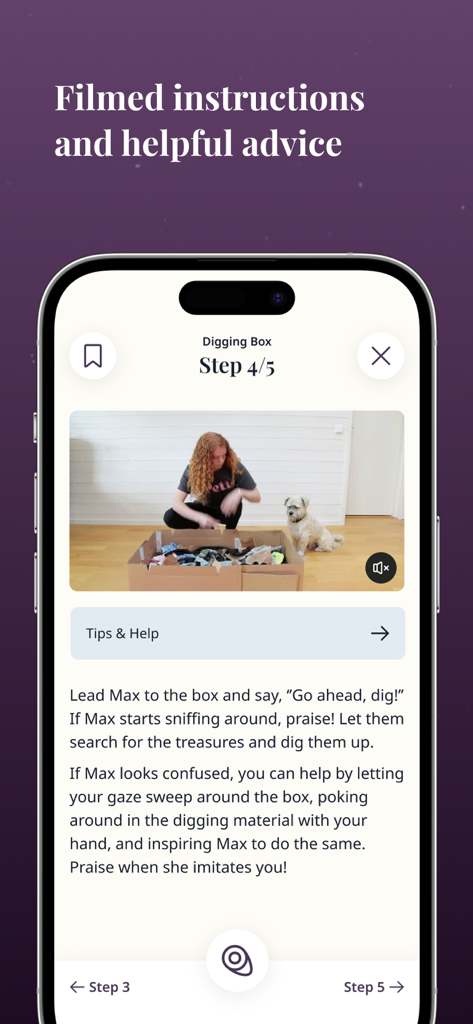 A mobile screenshot showing a filmed dog training tutorial with step by step written instructions for a digging box exercise
