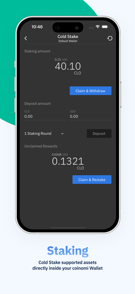 Interfaz de la aplicación Coinomi Wallet que muestra la función de staking en frío con opciones para reclamar recompensas y depositar activos.