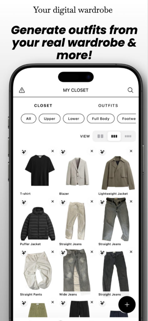 StylVerse - AI Outfit Planner - Interfaz de armario digital en StylVerse mostrando una cuadrícula organizada de prendas de vestir para la planificación de atuendos con IA