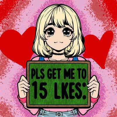 realistic girl holding up a sign that says “pls get me to 15 likes!”