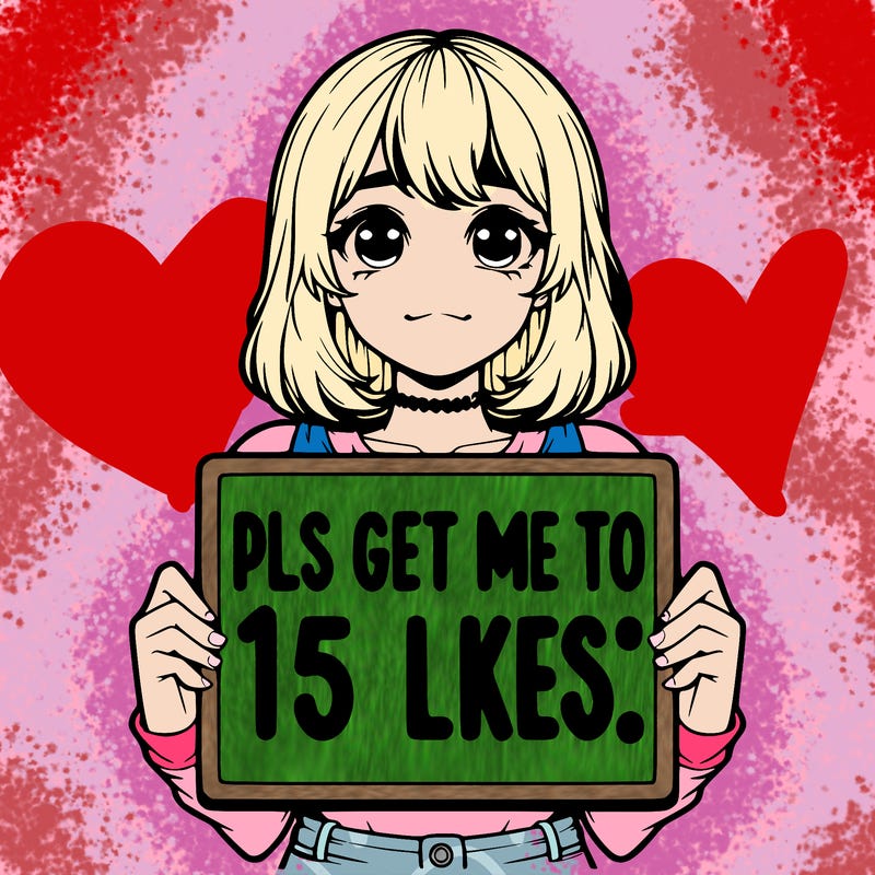 realistic girl holding up a sign that says “pls get me to 15 likes!”