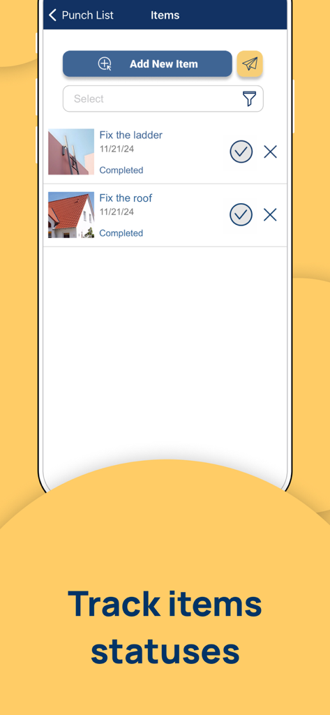 Punch List and Issue Tracker - 完了したタスクとステータス写真を含む建設パンチリストを示すモバイルアプリ画面