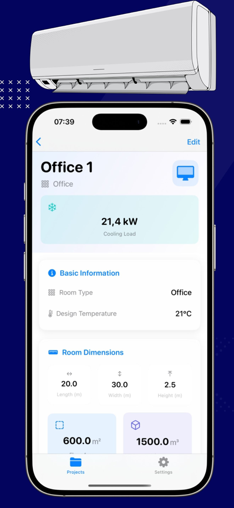 HVAC Calculator ProX - HVAC Calculator ProX interface showing office cooling load and room dimensions