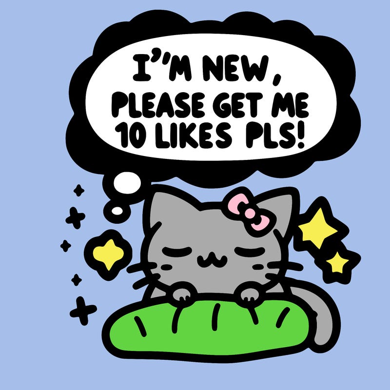 kitty taking a nap dream talking and saying "i'm new, please get me at least 10 likes pls!!"