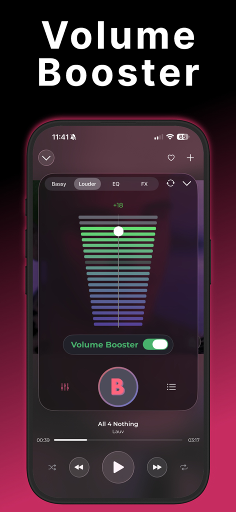 Bass Booster & Music EQ: BASSY - Bassy Mobile App-Oberfläche mit der Lautstärke-Booster-Funktion mit einem Pegelregler und Wiedergabesteuerung
