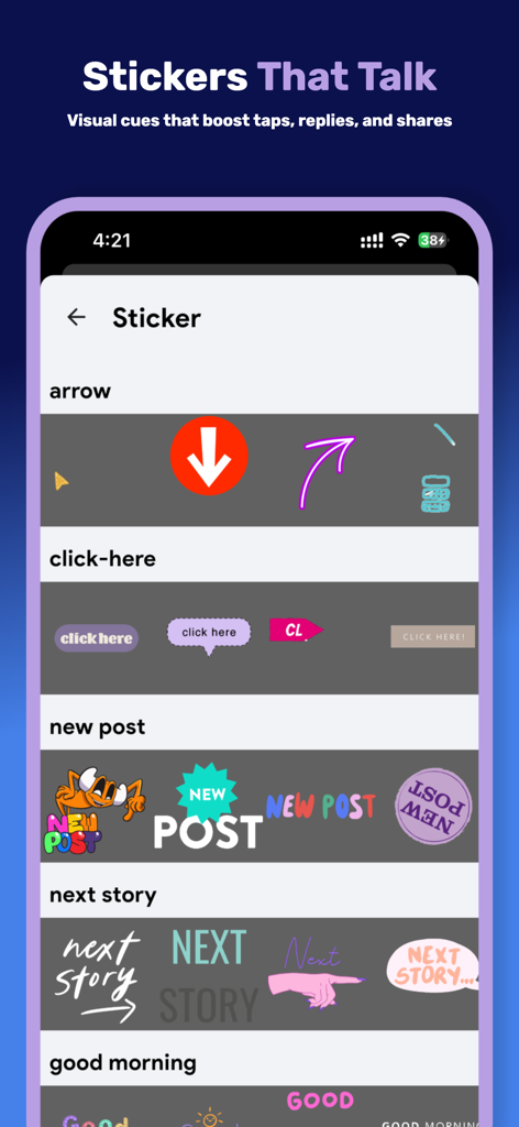 A library of creative stickers and visual cues for Instagram stories in the Fonta app.