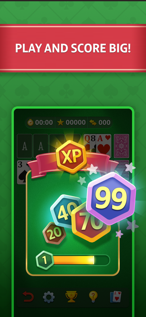 Solitaire - Classic Card Game⁎ - 획득한 XP 포인트와 레벨 진행률 표시줄을 보여주는 솔리테어 게임 인터페이스, Play and Score Big 배너 아래