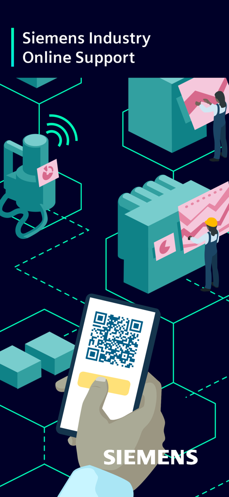 Industry Online Support - Illustrative graphic of the Siemens Industry Online Support app showing a hand holding a smartphone to scan a QR code for technical data