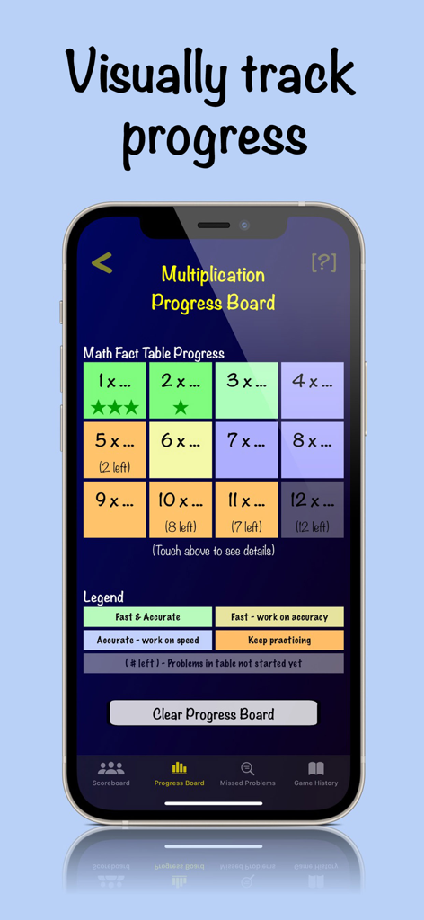 Mental Math Cards Games & Tips - A mobile app screen showing a Multiplication Progress Board with a color-coded grid to visually track speed and accuracy for math facts.