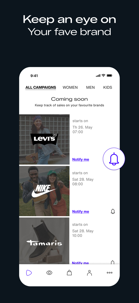 Lounge by Zalando | Outlet - A mobile app screen showing upcoming brand sales for Levi's and Nike with notification reminders