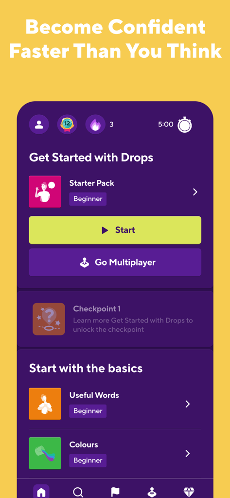 Le tableau de bord de l'application Drops affiche des packs d'apprentissage des langues pour débutants et un minuteur de session de cinq minutes.