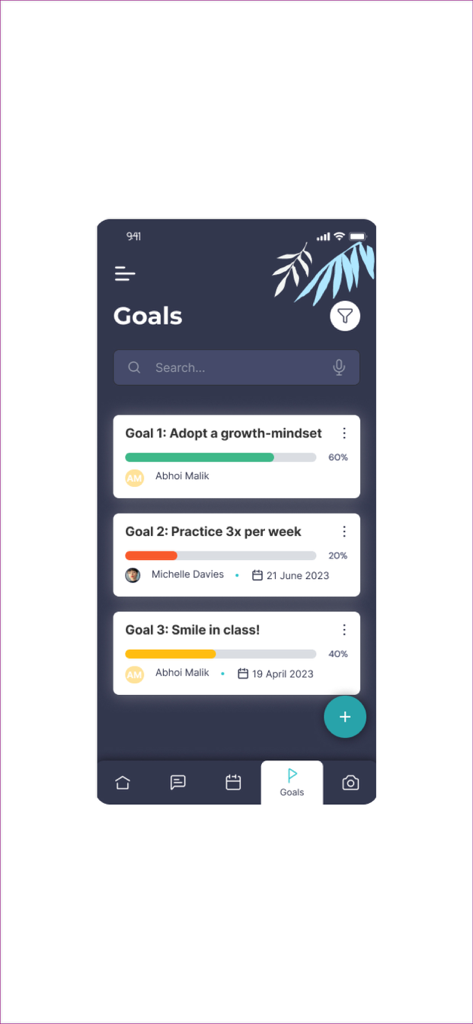 Outcoach - Pantalla de la aplicación Outcoach que muestra el establecimiento de objetivos de los estudiantes y las barras de progreso para el desarrollo del atleta.