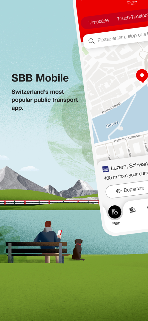 SBB Mobile app interface featuring travel planning and Swiss landscape illustration