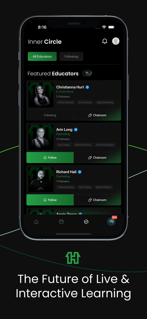 1House - Screenshot of the 1House app Inner Circle screen showing a list of featured educators for e-commerce and daytrading
