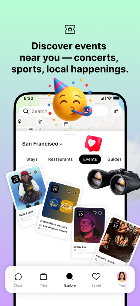 Mindtrip app interface showing local events in San Francisco including concerts and sports games on an interactive map.