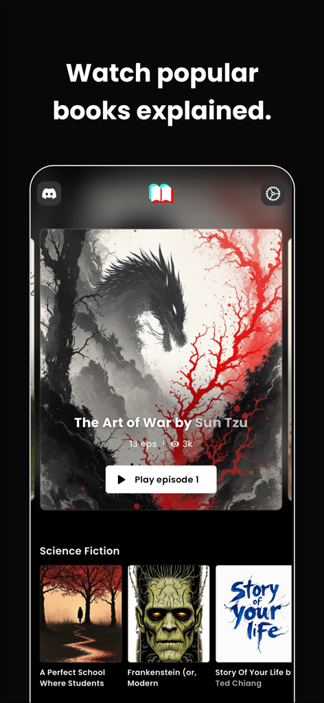 Booktok: Watch Books Explained - Booktok app interface showing a video summary of The Art of War and a Science Fiction book category.