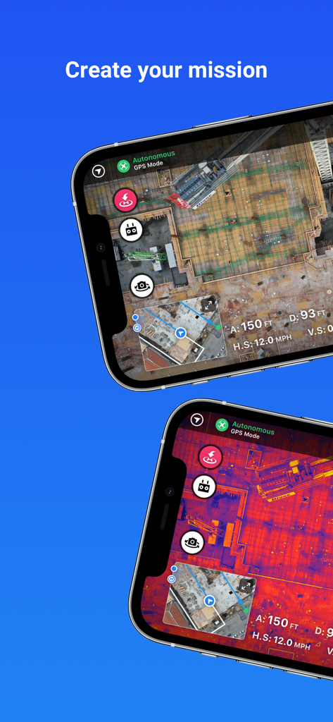 DroneDeploy Flight App - Telas do aplicativo DroneDeploy mostrando mapeamento de canteiro de obras e imagens térmicas para missões de voo autônomas