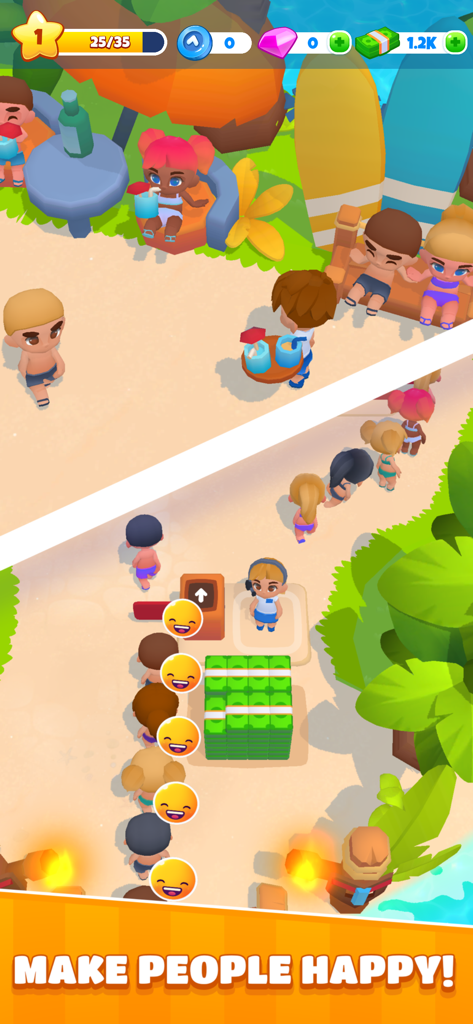 Bliss Bay - Top-down view of a beach resort management game showing happy guests waiting in line and stacks of earned money