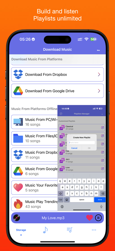 Music X app interface showing cloud download options and playlist creation popup