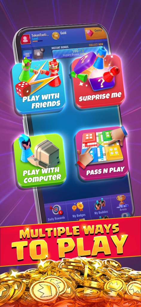 Ludo Royale: Dice Board Game - Pantalla de la aplicación móvil que muestra múltiples formas de jugar Ludo Royale, incluyendo las opciones Jugar con Amigos y Pasar y Jugar.