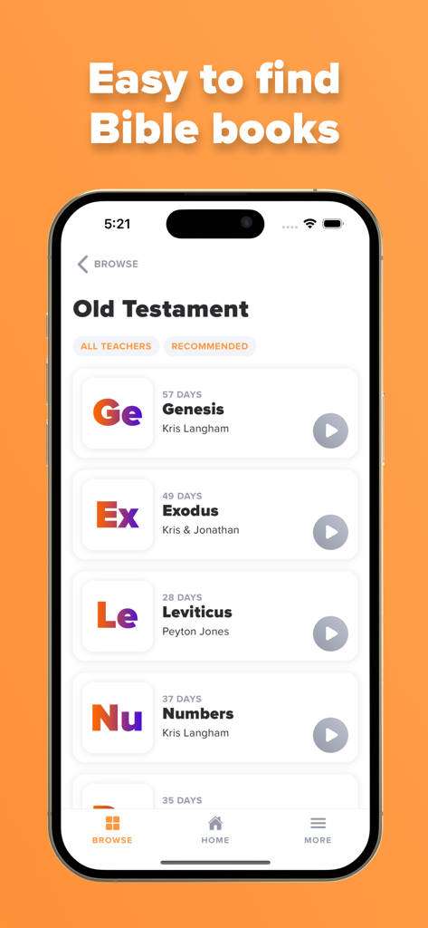 Through the Word - 쉬운 검색을 위해 구약 성경 목록을 보여주는 말씀으로 앱 화면