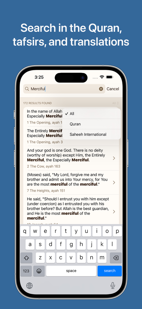 A smartphone showing the Quran Academy app search screen with English translation results for the word Merciful.