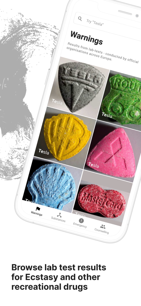 Mobile app interface showing lab test results and warnings for ecstasy pills