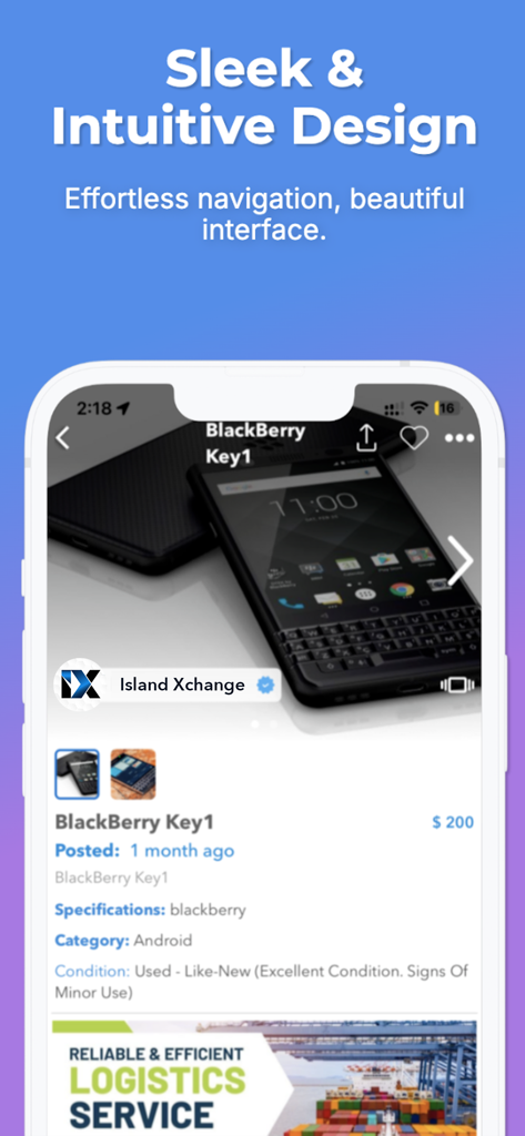 Island Xchange mobile app product detail page for a used BlackBerry Key1 showcasing a sleek and intuitive design